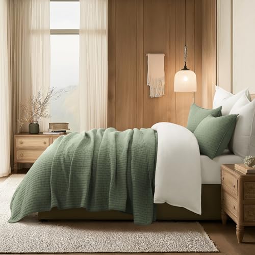 EVERGRACE Cross Stitch Pre-Washed Cotton Quilt Bedding Set King Size, Oversized 3 Pieces Lightweight Bedspread Coverlet for All Season, with 2 Matching Shams, Olive Green,108"x96" EVERGRACEHOME