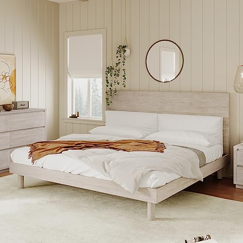 Stone Gray Solid Wood King Bed Frame with Headboard and Wooden Slats by Harper & Bright Designs - WoodArtSupply