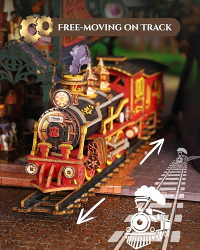 Merrifete Steampunk Train Station DIY Miniature House Kit – Victorian Fantasy Railtrack Phantom City Dollhouse Kit – Wood 3D Puzzles Tiny House Book Nook Christmas Halloween Birthday