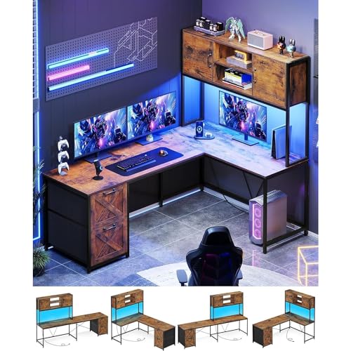 Saranya 18 Shop New Rustic Brown 86.6" L Shaped Desk Computer Two Person Shelf Cabinet File Drawer Storage Shelves Led Lights Reversible Office Study Home 62.2”L x 18.9”W x 65”H of WoodArtSupply