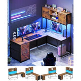 Saranya 18 Shop New Rustic Brown 86.6" L Shaped Desk Computer Two Person Shelf Cabinet File Drawer Storage Shelves Led Lights Reversible Office Study Home 62.2”L x 18.9”W x 65”H of WoodArtSupply