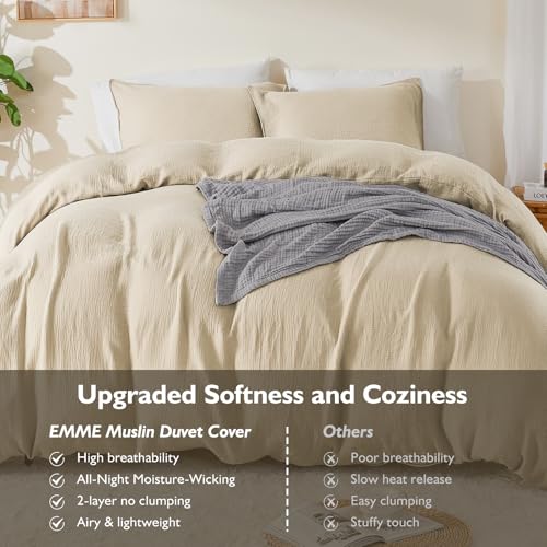 EMME Muslin Cotton Duvet Cover Set Light Tan King Size Linen Like Soft Breathable Lightweight Summer Comforter Cover Set with Zipper Closure (Light Tan, King, 104"x90") EMME