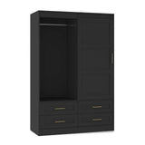 GOSROMS Armoire Wardrobe Closet with Sliding barn Door，Wardrobe Cabinet with 4 Storage Drawers and Hanging Rail,Freestanding Wooden Closet for Bedroom (Black) GOSROMS