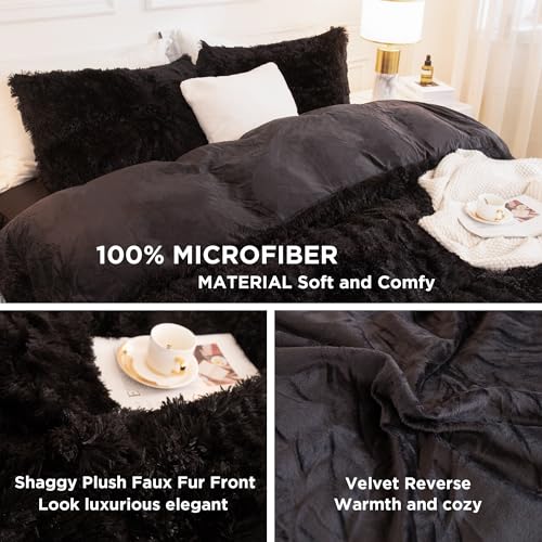 Andency Queen Comforter Set Black, Fluffy Winter Faux Fur Warm Soft Plush Bedding Comforter Set (1 Velvet Comforter & 2 Pillowcases), Fuzzy Thick Heavy Puffy Comforters Bed Set Andency