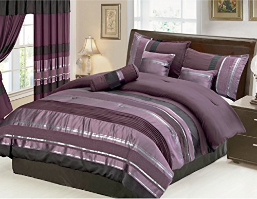 Grand Linen 7 Piece Oversize Eggplant Purple Black Silver Stripe Chenille Comforter Set 106" X 94" King Size Bedding Grand Linen