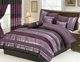 Grand Linen 7 Piece Oversize Eggplant Purple Black Silver Stripe Chenille Comforter Set 106" X 94" King Size Bedding Grand Linen