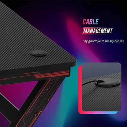 Gaming Desk Computer Desk 47 Inch Home Office Desk Extra Large Modern Ergonomic Black PC Carbon Fiber Table Gamer Workstation with Cup Holder Headphone Hook - WoodArtSupply