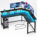 Rolanstar L Shaped Gaming Desk with LED Lights & Power Outlets, 46.2" Computer Desk with Full Monitor Stand & Storage Shelf, Corner Desk with Hooks, Black Desk Reversible Rolanstar