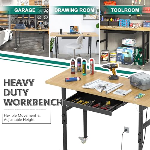 Adjustable Heavy Duty Workbench with Drawers, Metal Wheels Wood Top Working Table, 2500 LBS Load Capacity with for Workshop and Office,etc. DUSACOM