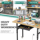 Adjustable Heavy Duty Workbench with Drawers, Metal Wheels Wood Top Working Table, 2500 LBS Load Capacity with for Workshop and Office,etc. DUSACOM