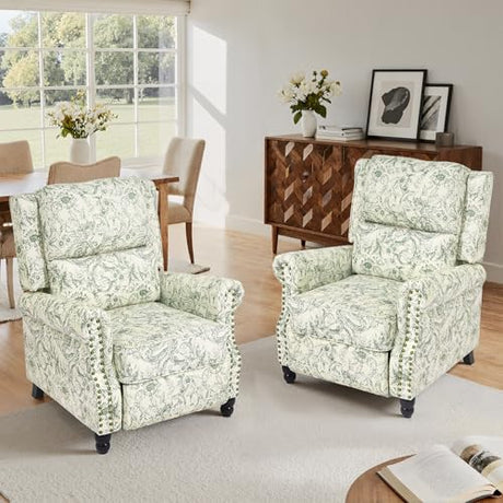 Blissabod Pushback Recliner Chairs Set of 2, Green Pattern Wingback Recliner Chair in Fabric, Upholstered Push Back Armchair Recliner, Single Sofa with Trim Wood Legs for Living Room (Rococo Green) Blissabod