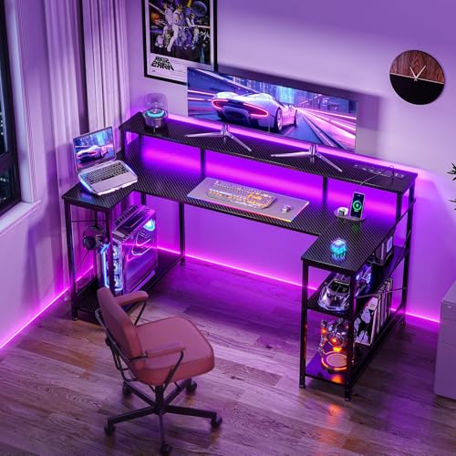 ODK 48 Inch Gaming Desk with LED Lights and Power Outlet, U-Shaped Computer Desk with Monitor Stand and Storage Shelves, PC Gamer Table for Home Office, Carbon Fiber Black ODK