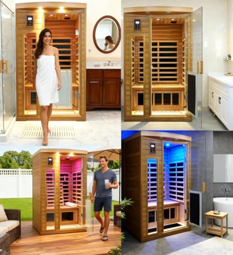 2 Person Low EMF Infrared Sauna for Home, Red Cedar Wood Far Infrared Saunas, 1750watt Indoor Personal Sauna Room with Door Heating Panels, Blue-tooth, 7-Color Chromotherapy Lights, 2 Outdoor Lamps Kanlanth