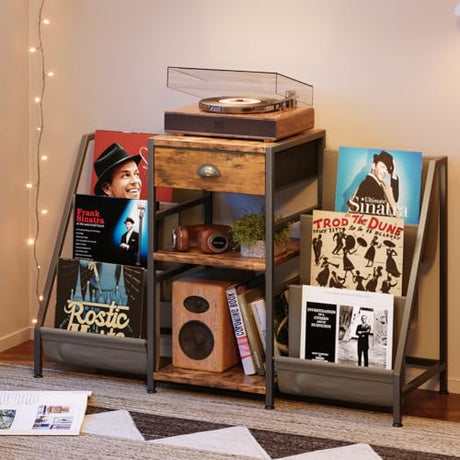 Record Player Stand with Drawer, Record Player Table with Vinyl Record Storage Up to 280 Albums, Turntable Stand with Record Holder Display Shelf, Record Cabinet for Media Stereo Audio, Rustic Brown Mexin