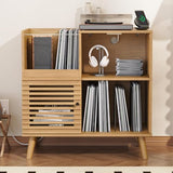 Furnify Record Player Stand with Power Outlet, Vinyl Record Storage Table Holds Up to 200 Albums, Mid-Century Turntable Stand with Slatted Doors for Living Room, Bedroom, Oak Furnify