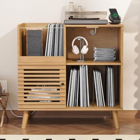 Furnify Record Player Stand with Power Outlet, Vinyl Record Storage Table Holds Up to 200 Albums, Mid-Century Turntable Stand with Slatted Doors for Living Room, Bedroom, Oak Furnify