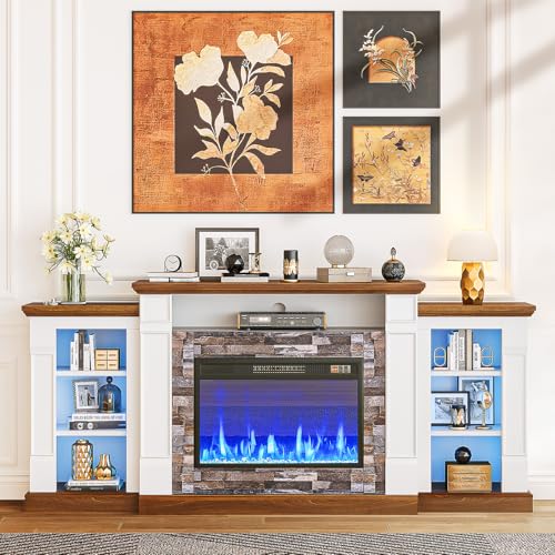oneinmil 70" Fireplace TV Stand, Electric Fireplace with Mantel, Modern Entertainment Center with Open Storage, Remote Control, Adjustable Flame, Fire Place TV Stand for Living Room, Bedroom Oneinmil