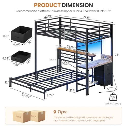 DICTAC Twin Over Full Bunk Bed with Desk,Led Lights and 4 Drawers,Metal Bunk Beds with Storage Headboard and Charging Station,L-Shaped bunk Bed for Kids/Teen with Safety Guardrail and Ladder,Black DICTAC