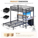 DICTAC Twin Over Full Bunk Bed with Desk,Led Lights and 4 Drawers,Metal Bunk Beds with Storage Headboard and Charging Station,L-Shaped bunk Bed for Kids/Teen with Safety Guardrail and Ladder,Black DICTAC