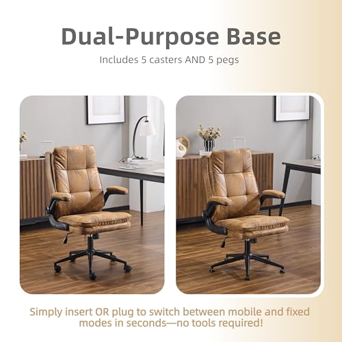 VINGLI Comfy Brown Leather Office Desk Chair,Ergonomic High-Back Computer Gaming Chair with Replaceable Wheels,Dual-Base,Adjustable Height&Armrests,360 Swivel Task Chair for Home Office,Vintage,Rustic VINGLI