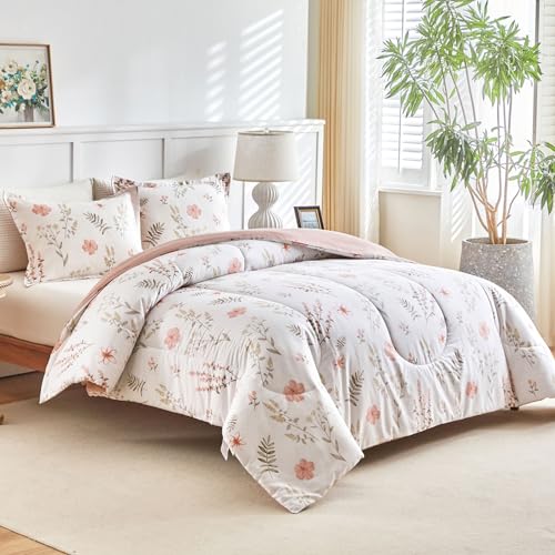 Joyreap 3pcs Floral Cotton Comforter Set for Girls, Pink Flowers n Leaves Botanical Design, Twin Size Soft n Cozy Bedding Comforter Set for All Season- 68x88 inches Joyreap