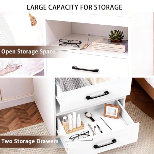 ansefe Night Stand with Charging Station and Ambient Light, LED Nightstand with USB-C Ports and Outlets, Morden Bedside Table with 2 Drawers and Open Compartment, End Table for Bedroom, White ansefe