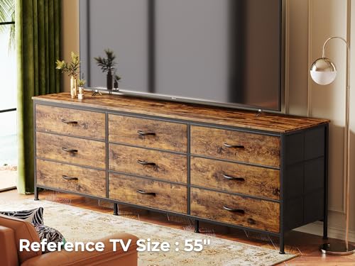 Huuger 9 Drawer Dresser, 63 Inch Dresser TV Stand for 55, 65, 70 Inch TV, Entertainment Center with Drawers, Large Long Fabric Dresser for Bedroom, Closet, Rustic Brown - WoodArtSupply