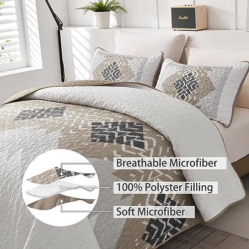 Dintszyayue Brown Boho Quilt Set Queen,3 Pieces Aztec Texture Quilt with 2 Pillowcases,Bohemian Geometric Bedspread Bedding Set Microfiber Quilted Coverlet Set for All Seasons Queen Size(90"×96") Dintszyayue