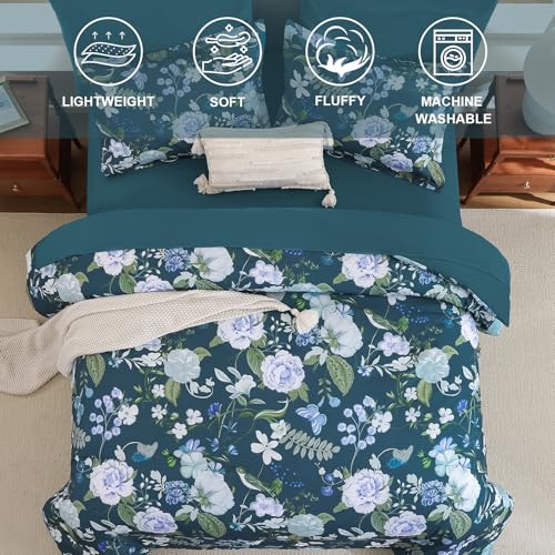 Anibedding 7Pieces Floral King Size Comforter Set, Garden Plant Flower Style Bed in a Bag Blue Bedding Comforter Set with Pillow Case for Bedroom Anibedding