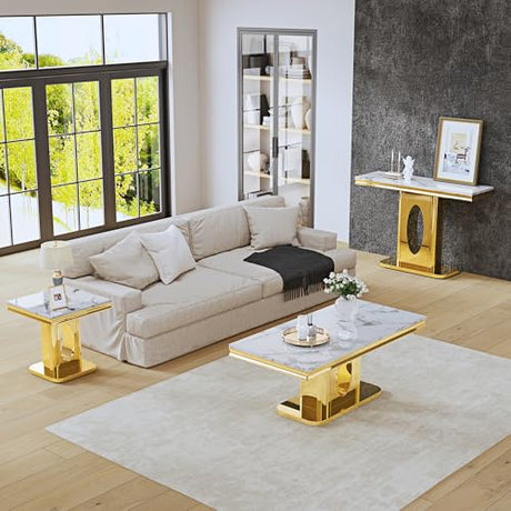 47" Rectangular Console Table, Modern Accent Table with White Faux Marble Top and Gold Mirror Stainless Steel Base, Modern Entryway Table for Living Room, Bedroom, or Hallway AF ARTISAN FURNITURE