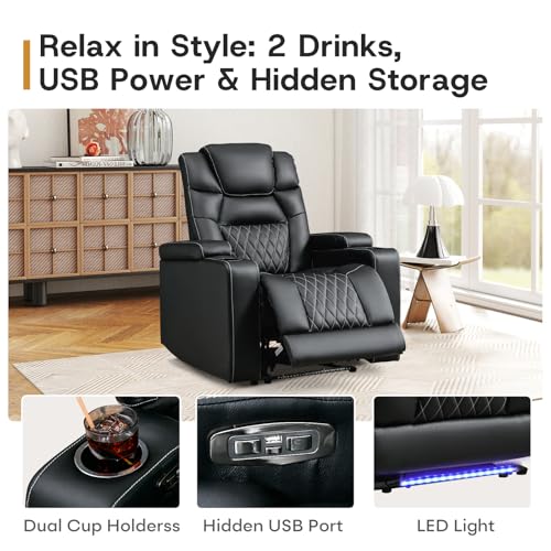 ANJ Power Recliner Chair with USB Port, Electric PU Leather Home Theater Seating for Living Room, Movie Reclining Chairs with Blue Ambient Lighting, Hidden Arm Storage, Cup Holders (Black)