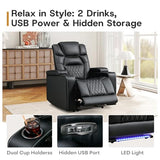 ANJ Power Recliner Chair with USB Port, Electric PU Leather Home Theater Seating for Living Room, Movie Reclining Chairs with Blue Ambient Lighting, Hidden Arm Storage, Cup Holders (Black)