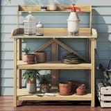 S AFSTAR Garden Potting Bench, Gardening Work Station Table with 2 Storage Shelves, Fir Wood Structure and Metal Tabletop, Gardening Table Potting Benches for Outside Backyard Balcony S AFSTAR
