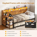 MSmask Daybed with Trundle, Twin Day Bed with 3 Storage Drawers and Shelves, Farmhouse Wooden Daybed Frame with Charging Station and LED Lights for Bedroom, Rustic Brown MSmask