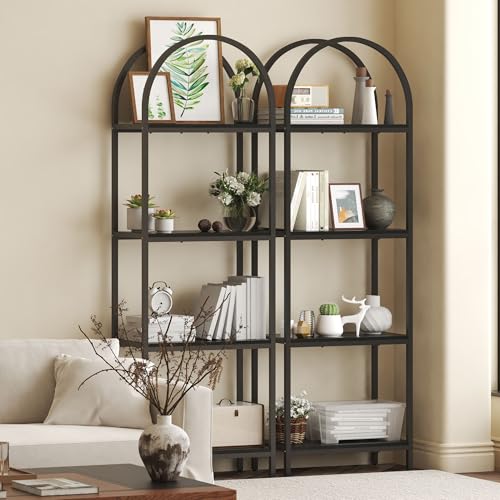 Kogven Arched Industrial 4-Tier Bookcase with Metal Frame - 72" Tall Freestanding Storage Rack in Black - WoodArtSupply