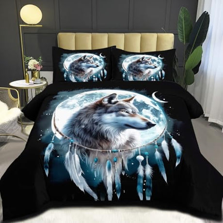 CCoutueChen Wolf Comforter Set King Size, Wolves Moon Bedding Set, Dream Catcher & Animal Pattern on Black Bedding, Western Boho Tribal Comforter Soft Microfiber Down Quilt 3 Pieces CCoutueChen