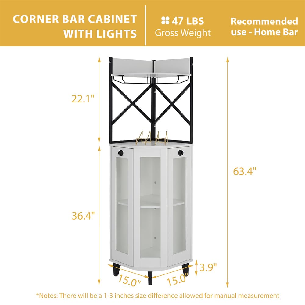 COCO DESIGN Corner Wine Cabinet with Locking Door, Alcohol Cabinet with Light, Lockable Bar with Glass Door for Home Kitchen, Dining Room, Farmhouse, 2 Glass Trays and 2 Wine Racks, White COCO DESIGN