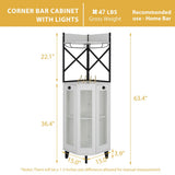 COCO DESIGN Corner Wine Cabinet with Locking Door, Alcohol Cabinet with Light, Lockable Bar with Glass Door for Home Kitchen, Dining Room, Farmhouse, 2 Glass Trays and 2 Wine Racks, White COCO DESIGN