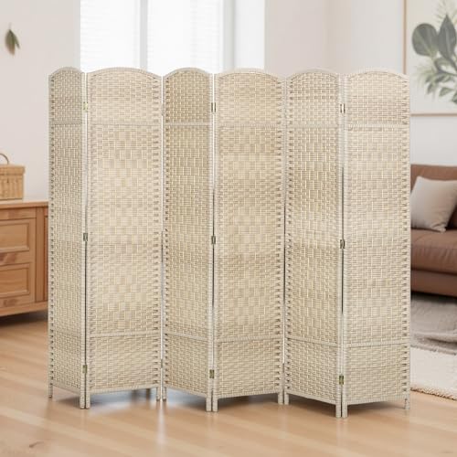HOMCOM 6 Panel Room Divider, 6' Tall Folding Privacy Screen, Woven Freestanding Wall Partition for Home Office, Bedroom, Washed Oak HOMCOM