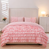 Holawakaka Pink Waterfall Ruffle Comforter Set Twin Size Multi-Layers Ruffled Shabby Chic 3PCS Bedding Set for Girls Women Holawakaka
