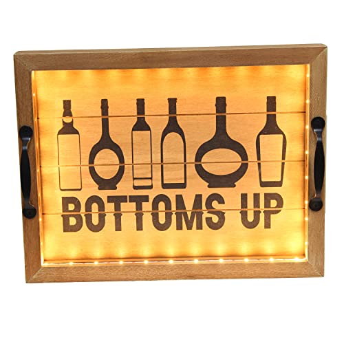 Elegant Designs HG2032-NBU Salento Farmhouse Rectangle Decorative LED Light Up Wooden Serving Tray w Black Metal Handles & Bottoms Up in Black for Décor, Centerpiece, Breakfast, Coffee,Bar, Natural Elegant Designs