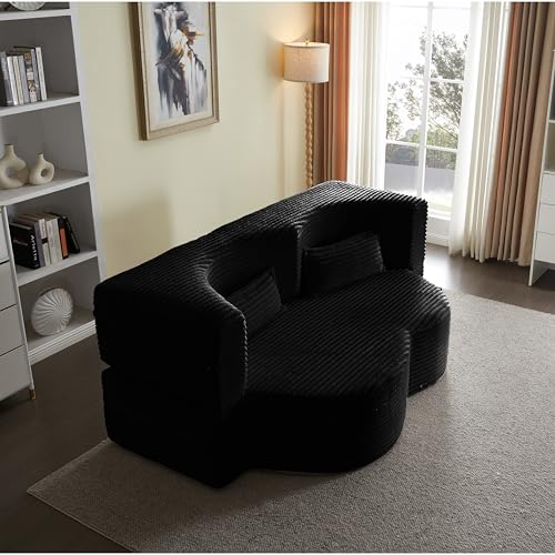 Teddy Fabric 3-in-1 Floor Sofa Bed with 2 Pillows, 15" Full Size Convertible Folding Foam Mattress Couch, No-Assembly Trifold Futon Guest Bed for Living Room, Dorm (Plush Corduroy, Black) Generic