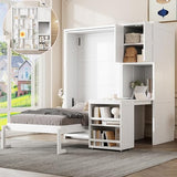 SOFTSEA Twin Size Murphy Bed with Desk, Bookshelf & Storage Cabinets, Space-Saving Foldable Wall Bed with Extendable Desk, White SOFTSEA
