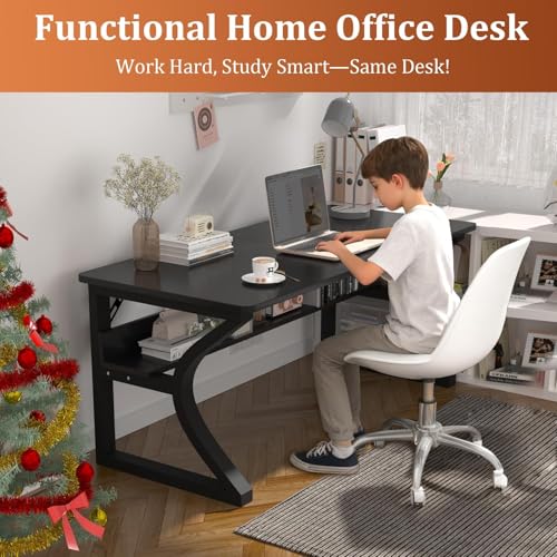 Aevum azn 47 inch Computer Desk, Home Office Desk with Storage Shelf, Sturdy U-Shaped Metal Frame Study Table with Cable Management, Gaming Desk for Office & Bedroom (Black, 47 inch) Aevum azn