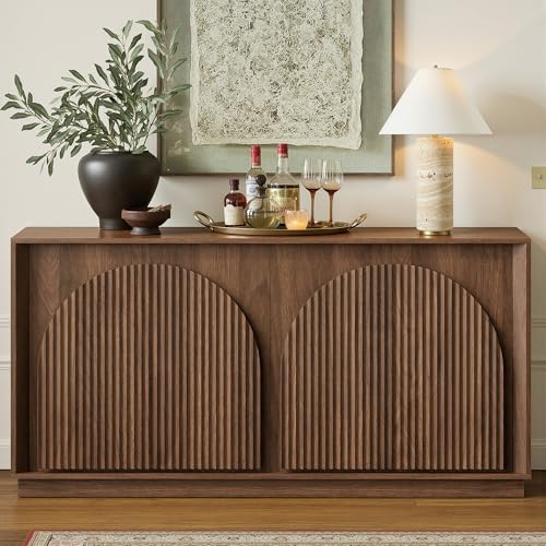 win2win Fluted Sideboard Buffet Cabinet with Storage, 65" Mid Century Modern Accent Cabinet with Double-Layered Arch Doors,Wood Media TV Console Table Credenza for Living Room Hallway Entryway,Walnut win2win