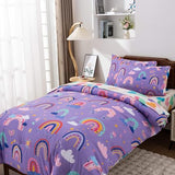 Btargot 5 Piece Dark Purple Rainbow Comforter Set for Girls Boys Kids, Twin Size Cartoon Love Hearts Flowers and Sun Star Bedding Set, Bed in a Bag with Comforter, Sheets and Pillowcases Btargot