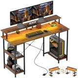 HOMCOM 55" Gaming Desk with Power Outlets and LED Lights, Reversible Computer Desk with Monitor Stand and 2-Tier Storage Shelves, Cable Management, for Home Office, Rustic Brown HOMCOM