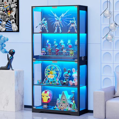 BROTTAR Display Cabinet with Glass Doors, 4-Tier Curio Cabinet&Bookcase with 3 Color Light for Collectibles, Toys, Books, Glass Storage Cabinet, Black