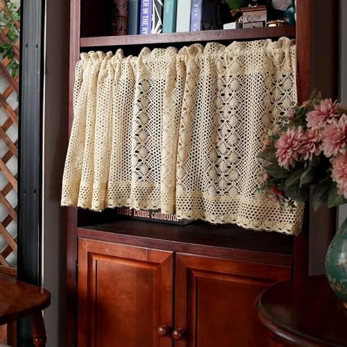 Rustic Boho Curtain Valance for Kitchen Window Farmhouse Handmade Crochet Curtain Tiers for Coffee Decor Room Divider Rod Pocket Hollow Short Lace Curtains for Bathroom Closet 1 Panel W39 X L24 Inch Yunsurey