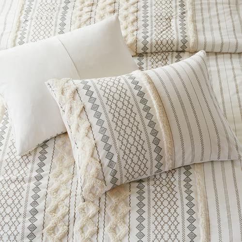 INK+IVY Comforter for Queen Size Bed, Chenille Tufted, Breathable Cotton Comforter Set Queen, All Season Modern Boho Comforter with Farmhouse Bedding Flare, 2 Matching Shams, Queen Ivory 3 Piece INK+IVY